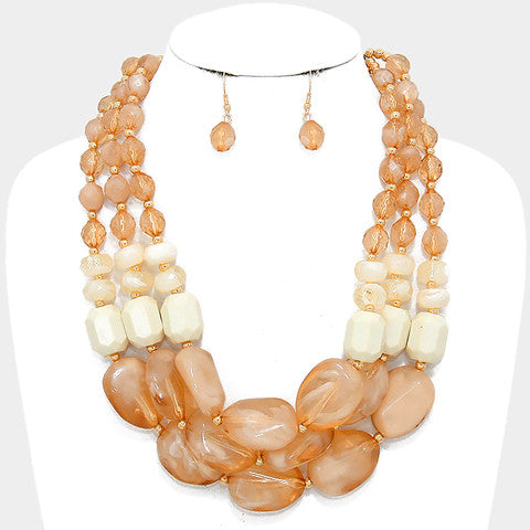 Color block triple strand pebble necklace and earrings